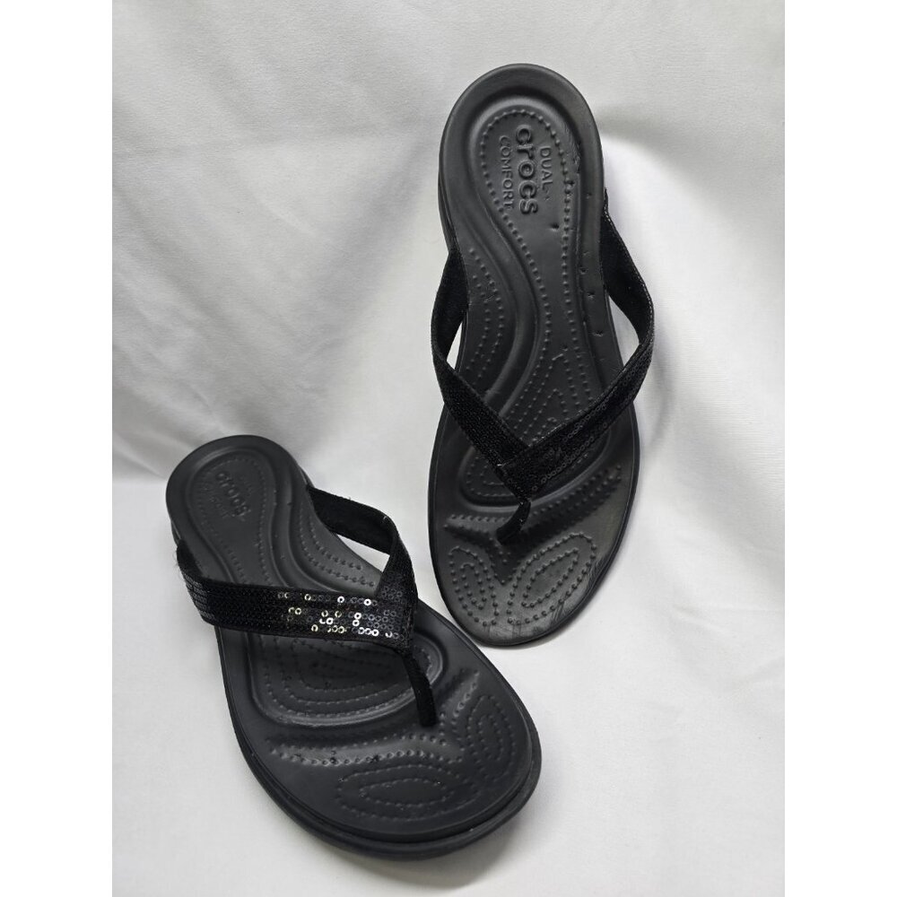Crocs Capri Women's Size 11 Black Sequin Thong Flip Flops Sandals- READ- FLAWS